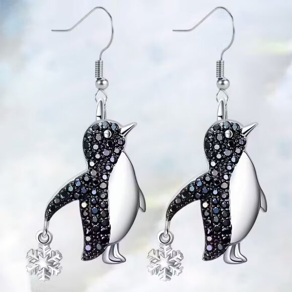 NEW Silver Penguin Dangle Earrings Black & Crystal Rhinestones - Picture 2 of 9